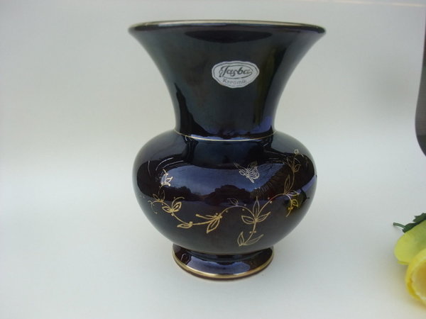 Alte Jasia Keramik Vase Jaspa Handarbeit Kobalt blau mit floralem Golddekor