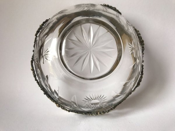 Antike Jugendstil Glasschale mit filigranen Rosengirlanden 800er Silber signiert !