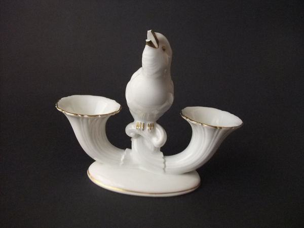 Rosenthal Kerzenhalter für zwei Kerzen Porzellan mit Vogel und Goldrand