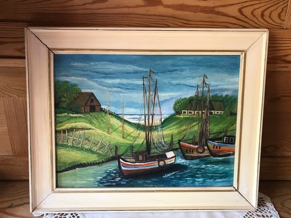 Hübsches Acrylbild Gemälde Maritim Fischerboote in einer Meeresbucht Handmalerei